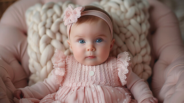 Adorable baby girl wearing a pink dress and headband, lying on a cozy knitted blanket.