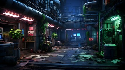 A Futuristic Cyberpunk Alleyway: Neon Lights and Shadows