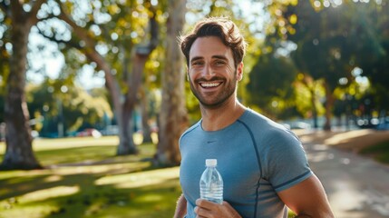 Smiling sporty man taking a break from running in a picturesque park with a bottle of water in his...