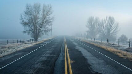 Fototapeta premium An early morning misty scene represented by an empty road disappearing into the fog AI generated illustration