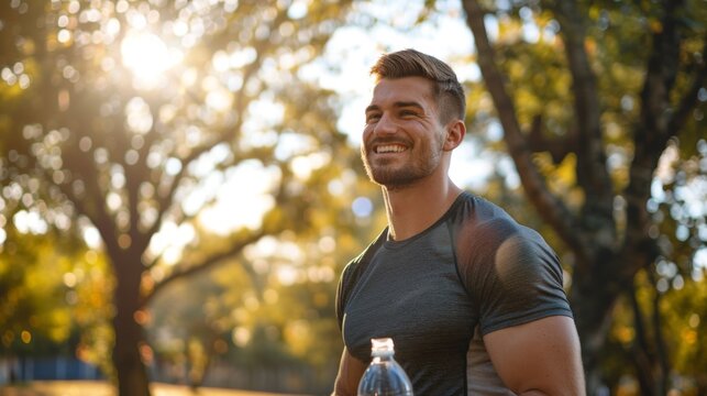 Smiling sporty man taking a break from running in a picturesque park with a bottle of water in his hand