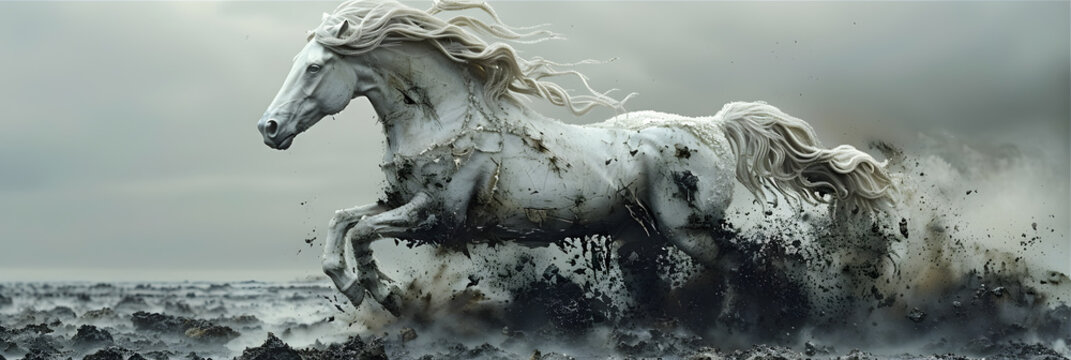 Stallion Sculpture in a Battlefield on Ground,
A horse with a white mane stands in front of a castle

