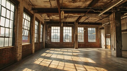 An empty loft with exposed brick and large industrial windows AI generated illustration