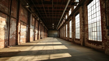 An empty warehouse with exposed brick walls AI generated illustration