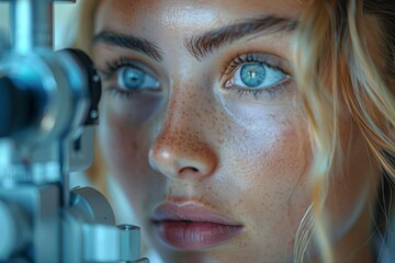 A woman getting her eyes examined by an ophthalmologist