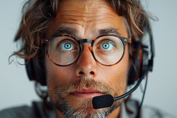 A man wearing glasses and a headset is looking at the camera. He is focused and serious. Front view, of a 45 years old customer service call center staff, wearing glasses in a solid white background