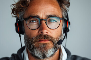 A man wearing glasses and a headset is looking at the camera. He is focused and serious. Front view, of a 45 years old customer service call center staff, wearing glasses in a solid white background