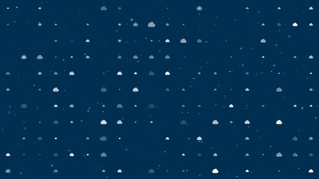 Template animation of evenly spaced cloud symbols of different sizes and opacity. Animation of transparency and size. Seamless looped 4k animation on dark blue background with stars