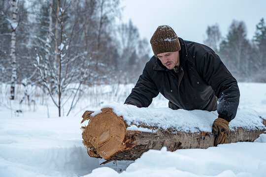 man is kneeling down in the snow, looking at a log. The scene is quiet and peaceful, with the snow covering the ground and the trees in the background. The man seems to be examining the log