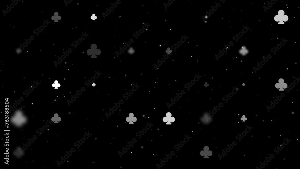 Poster template animation of evenly spaced clubs of different sizes and opacity. animation of transparency 