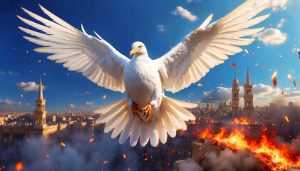 A white dove flees from a fire in the city - obrazy, fototapety, plakaty