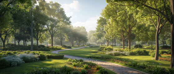 A serene park landscape bathed in soft sunlight with a winding pathway surrounded by lush green trees, well-maintained lawns, and vibrant bushes.