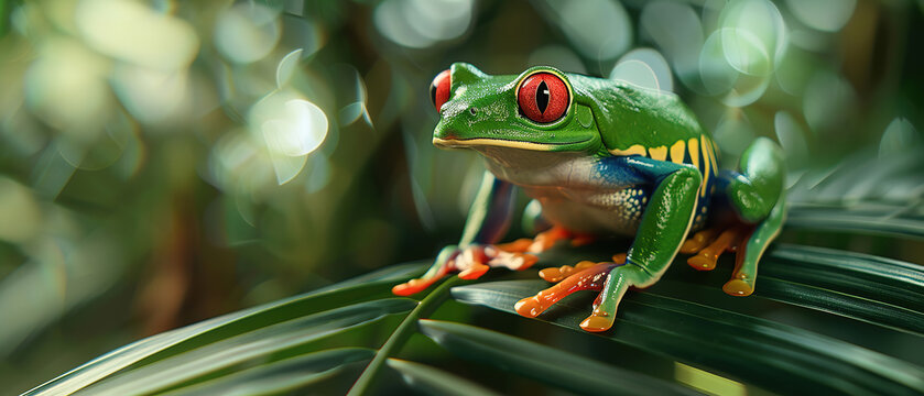 Red Eyed Amazon Tree Frog photographed on a palm leaf. 