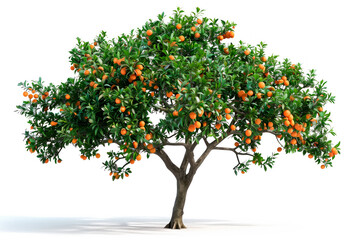 Tangerine or orange tree isolated on white background. The citrus fruits hang heavy on the branches, ready for picking