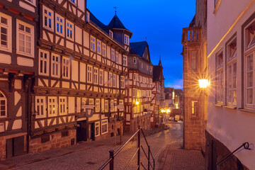 Night medieval street with traditional half-timbered houses, Marburg an der Lahn, Hesse, Germany - 763188734