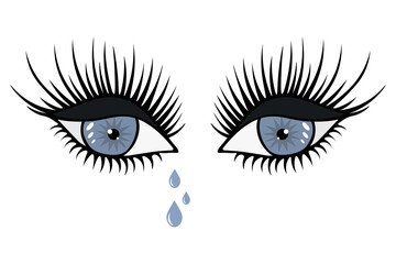 Tears are dripping from blue eyes. Gray shadows on half-closed eyelids. Smokey eye. Crying look.
