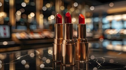 Realistic lipstick mockup on table in luxury store. Concept Luxury Store, Lipstick Mockup, Realistic Display, Table Setting