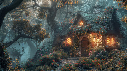 Enchanting fairy tale cottage nestled in a misty forest with lush greenery and red flowers. Glowing warm lights emit from windows