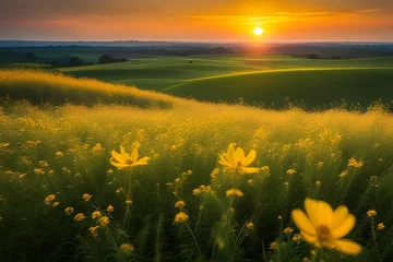 Poster sunset field landscape of yellow flowers  © RORON