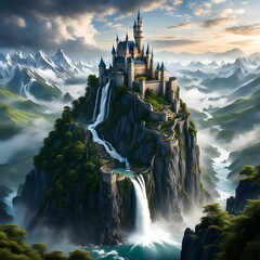 A majestic castle perched atop a rugged mountain peak, surrounded by swirling mists and cascading waterfalls - obrazy, fototapety, plakaty