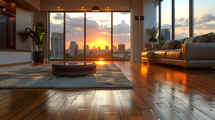 Robot vacuum cleaner operating in a spacious apartment at sunset. Smart home technology and modern lifestyle concept for design and print