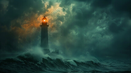 Fototapeta na wymiar A lighthouse stands resilient amidst tumultuous sea waves under a dramatic stormy sky with its beacon of light piercing through the darkness.