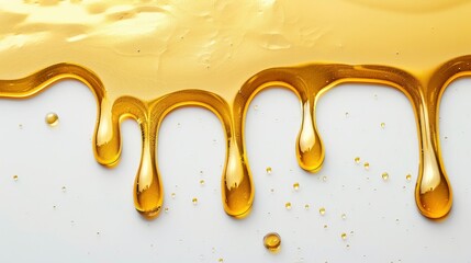 Golden Elegance. Close-Up Flat Lay of Dripping Oil on a White Background.