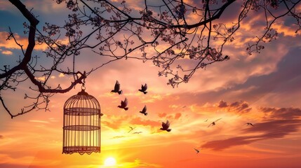 A serene sunset sky with birds flying freely and an open birdcage hanging from the branch of a tree, symbolizing freedom and tranquility.