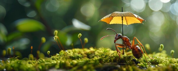 An ant carrying an umbrella, walking on mossy ground, macro photography.