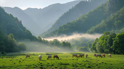 Idyllic landscape with grazing cattle, lush green meadow, mist, and forested mountains. - obrazy, fototapety, plakaty
