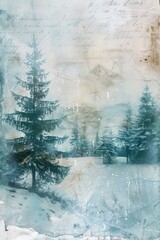 Vintage Winter Wonderland. Watercolor Scrapbooking Background with Forest Landscape and Mixed Media Textures.