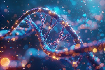 A DNA strand is shown in a blue and purple color scheme with a lot of sparkles - obrazy, fototapety, plakaty