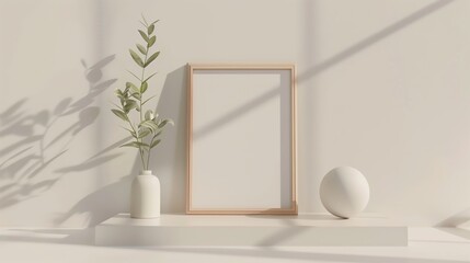 A white vase and a white frame with a plant in it sit on a shelf