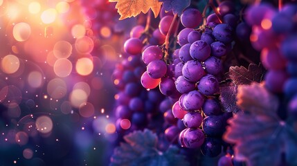 Purple clusters of grapes in the garden's backlight. Generative Ai - obrazy, fototapety, plakaty