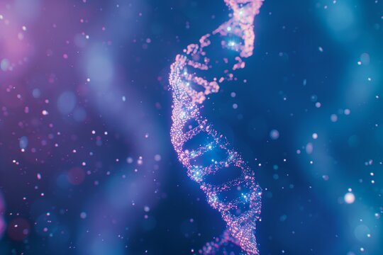 A blue and purple image of a DNA strand with a pink and blue glow