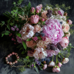 Peony Rose Bouquet with Matching Bracelet: Elegant Floral Composition