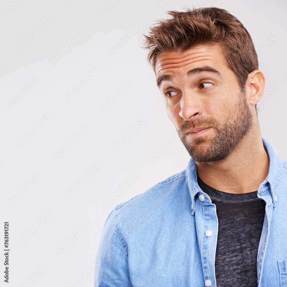 Poster Thinking, confused or man with idea, doubt or stress on white studio background with solution or emoji. Person, model or guy with decision or question with why or emotion with mockup space or wonder