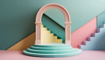 modern geometric style. Arch and stairs in trendy minimalist interior in 3d