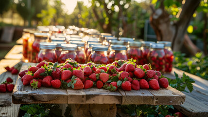 Fototapeta na wymiar Jars of preserves and fresh strawberries on a table