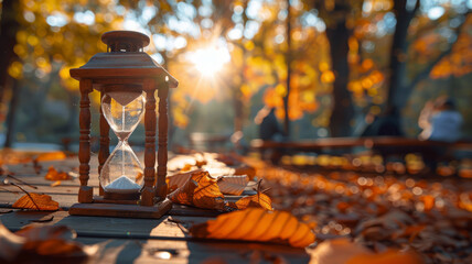 An hourglass among fallen autumn leaves at sunset. - obrazy, fototapety, plakaty