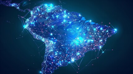 South American digital map in abstract, idea of global network and connectedness. Generative Ai - obrazy, fototapety, plakaty