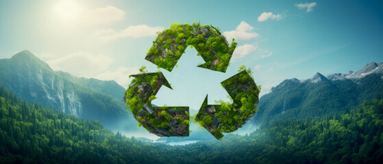 A mountain range with a green recycling symbol in the middle