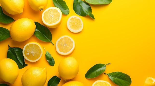 Fresh lemons with green leaves on yellow background. Flat lay, top view
