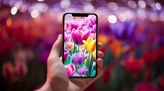 Floral Brilliance: A Hand Presenting a Smartphone Screen Adorned with Vibrant Flowers
