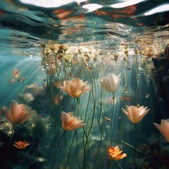 Underwater photography, flowers in the water, bubbles, plant flora, Orange flowers. - obrazy, fototapety, plakaty