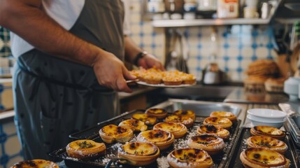 A pastry chef adds the finishing touches to freshly baked custard tarts in a well-equipped bakery with a blue-tiled backdrop. - obrazy, fototapety, plakaty