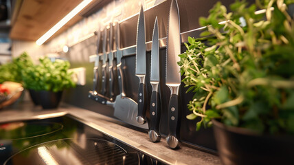 A set of knives on a magnetic strip in a kitchen