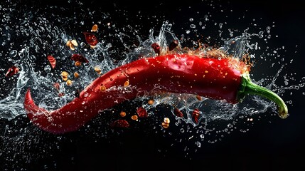 Splash burst of hot red chili peppers on a dark backdrop. Generative Ai