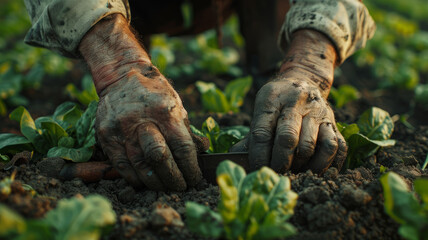 Close-up of hands planting in soil.