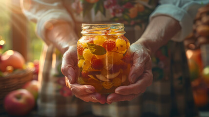 Person holding a jar of preserved fruits.